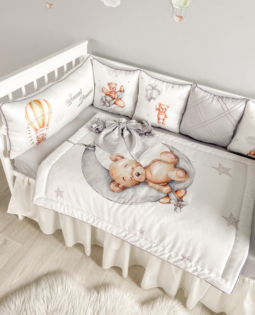 Grey Teddy Print Newborn Bedding Set